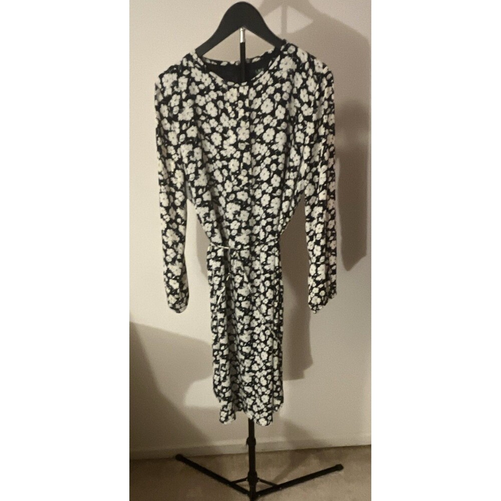 Lauren Ralph Lauren Navy White Floral Shift Chiffon Lined Zip Dress 16W